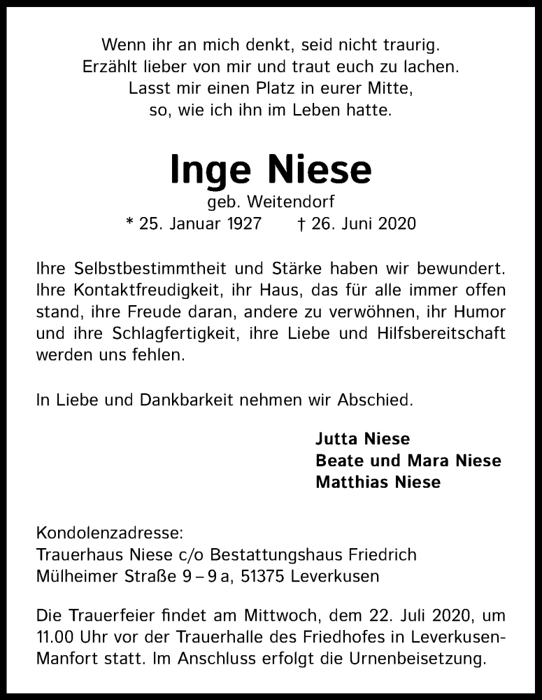  Traueranzeige für Inge Niese vom 11.07.2020 aus Kölner Stadt-Anzeiger / Kölnische Rundschau / Express