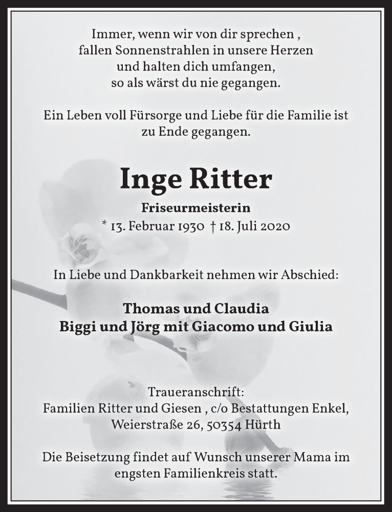  Traueranzeige für Inge Ritter vom 24.07.2020 aus  Wochenende 