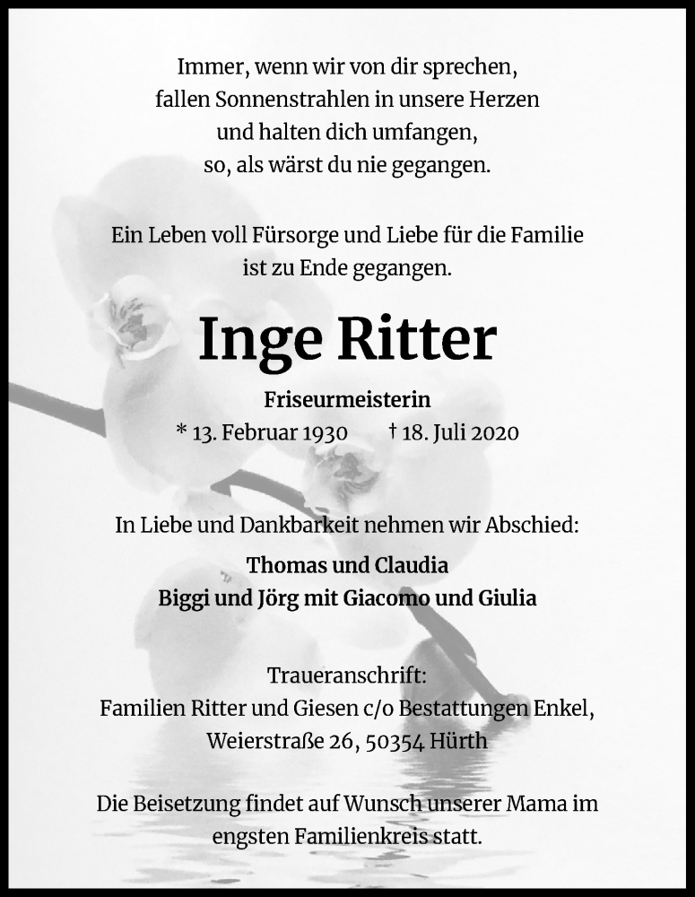  Traueranzeige für Inge Ritter vom 25.07.2020 aus Kölner Stadt-Anzeiger / Kölnische Rundschau / Express