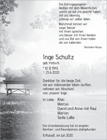 Anzeige von Inge Schultz von  Werbepost 