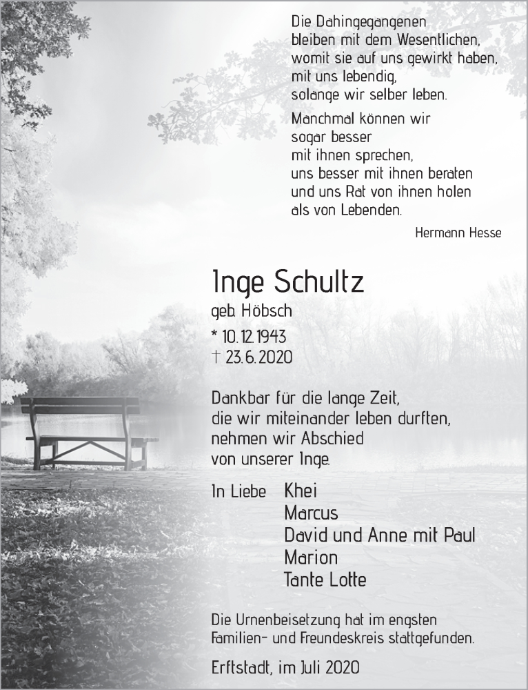  Traueranzeige für Inge Schultz vom 24.07.2020 aus  Werbepost 