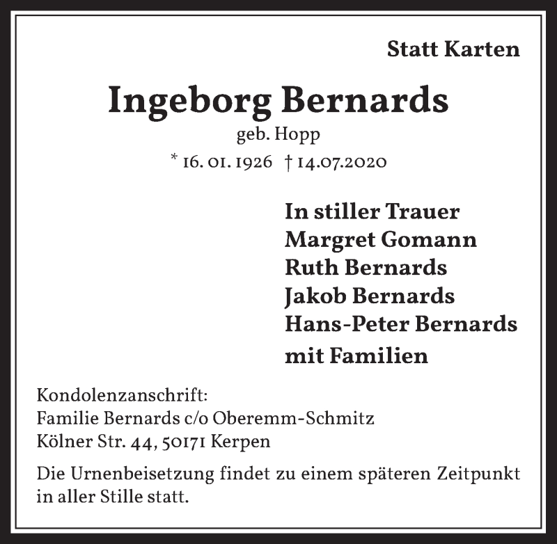  Traueranzeige für Ingeborg Bernards vom 24.07.2020 aus  Wochenende 