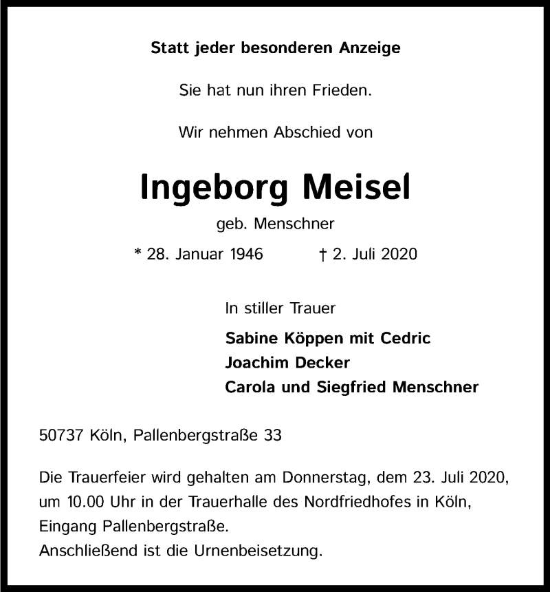  Traueranzeige für Ingeborg Meisel vom 18.07.2020 aus Kölner Stadt-Anzeiger / Kölnische Rundschau / Express