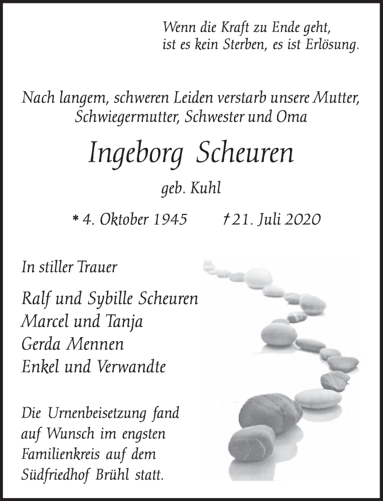  Traueranzeige für Ingeborg Scheuren vom 31.07.2020 aus  Schlossbote/Werbekurier 