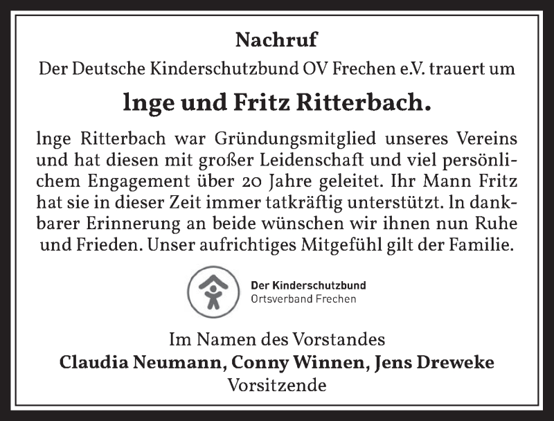  Traueranzeige für Inge und Fritz Ritterbach vom 10.07.2020 aus  Wochenende 