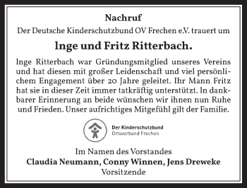 Anzeige von Inge und Fritz Ritterbach von  Wochenende 