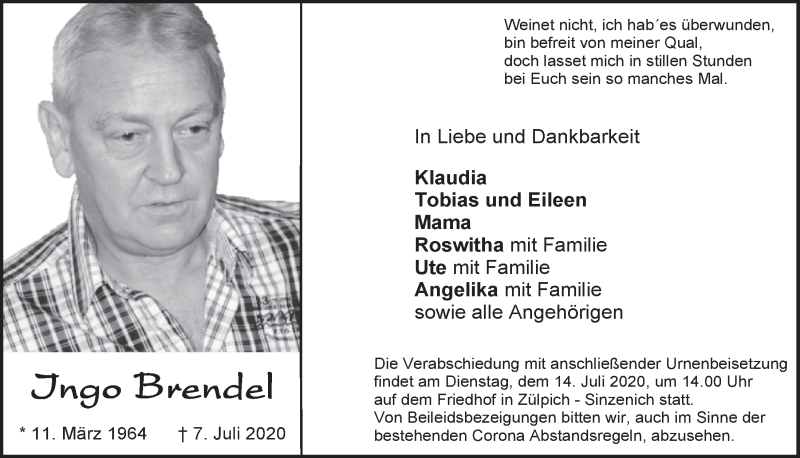  Traueranzeige für Ingo Brendel vom 11.07.2020 aus  Blickpunkt Euskirchen 
