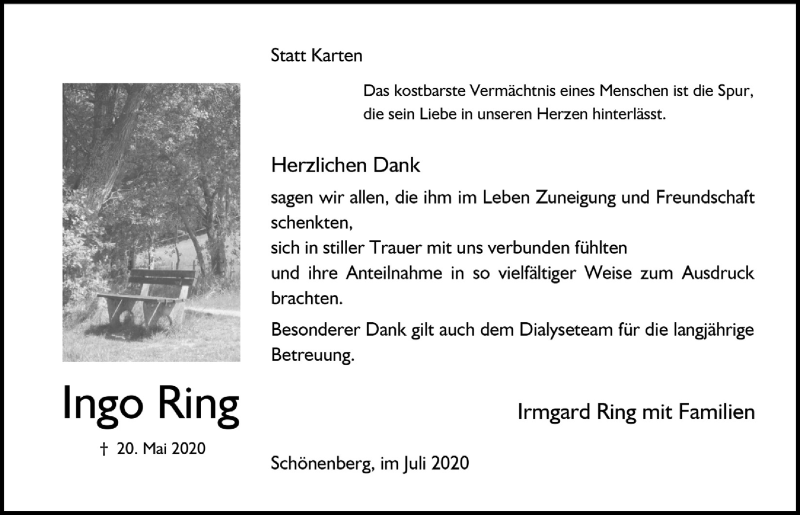  Traueranzeige für Ingo Ring vom 10.07.2020 aus  Anzeigen Echo 