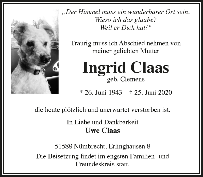  Traueranzeige für Ingrid Claas vom 03.07.2020 aus  Lokalanzeiger 
