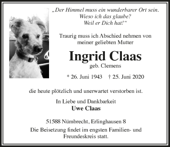 Anzeige von Ingrid Claas von  Lokalanzeiger 