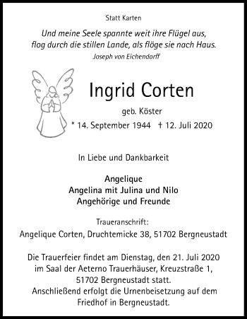 Anzeige von Ingrid Corten von Kölner Stadt-Anzeiger / Kölnische Rundschau / Express