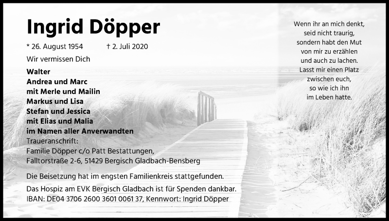  Traueranzeige für Ingrid Döpper vom 25.07.2020 aus Kölner Stadt-Anzeiger / Kölnische Rundschau / Express