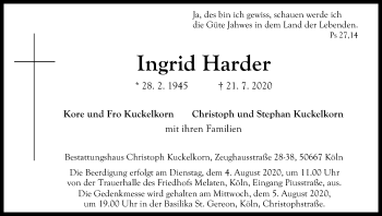 Anzeige von Ingrid Harder von Kölner Stadt-Anzeiger / Kölnische Rundschau / Express
