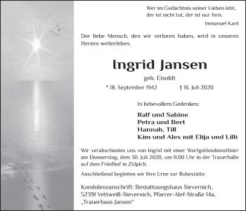 Anzeige von Ingrid Jansen von  Blickpunkt Euskirchen 