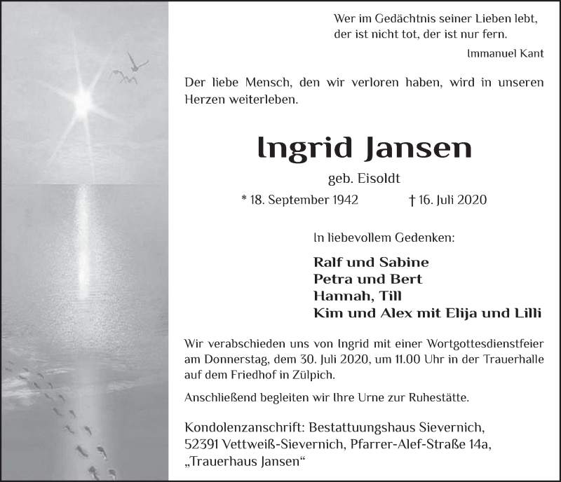  Traueranzeige für Ingrid Jansen vom 25.07.2020 aus  Blickpunkt Euskirchen 