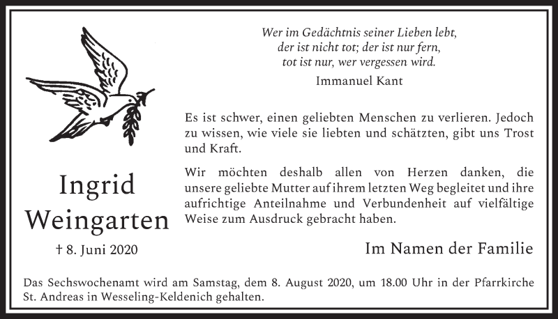  Traueranzeige für Ingrid Weingarten vom 31.07.2020 aus  Schlossbote/Werbekurier 