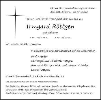 Anzeige von Irmgard Röttgen von Kölner Stadt-Anzeiger / Kölnische Rundschau / Express