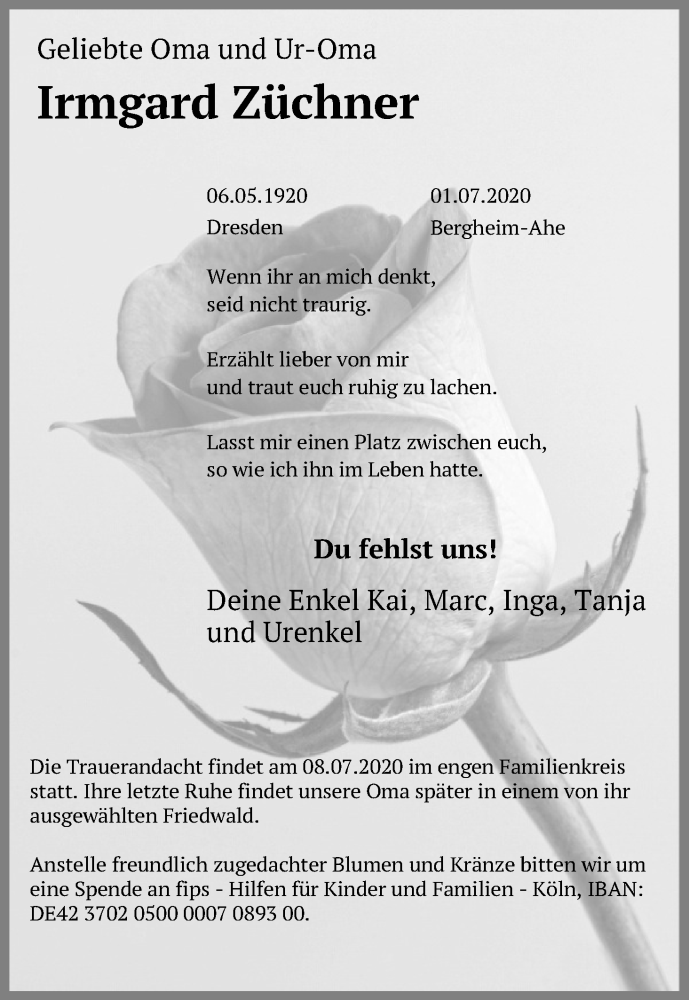  Traueranzeige für Irmgard Züchner vom 04.07.2020 aus Kölner Stadt-Anzeiger / Kölnische Rundschau / Express