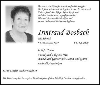 Anzeige von Irmtraud Bosbach von Kölner Stadt-Anzeiger / Kölnische Rundschau / Express