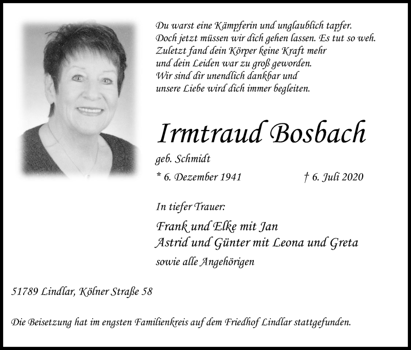  Traueranzeige für Irmtraud Bosbach vom 18.07.2020 aus Kölner Stadt-Anzeiger / Kölnische Rundschau / Express