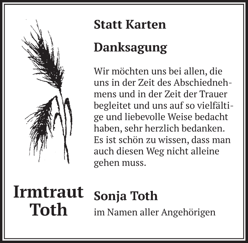  Traueranzeige für Irmtraut Toth vom 24.07.2020 aus  Schlossbote/Werbekurier 