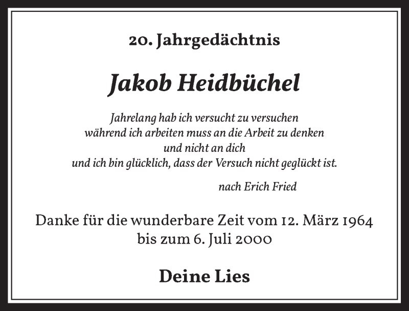  Traueranzeige für Jakob Heidbüchel vom 10.07.2020 aus  Werbepost 
