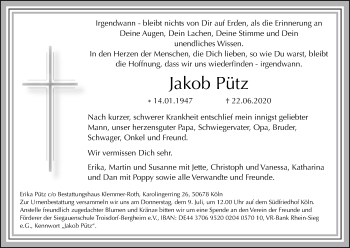 Anzeige von Jakob Pütz von Kölner Stadt-Anzeiger / Kölnische Rundschau / Express
