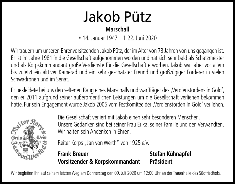  Traueranzeige für Jakob Pütz vom 04.07.2020 aus Kölner Stadt-Anzeiger / Kölnische Rundschau / Express