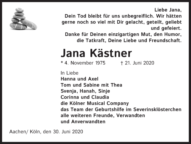  Traueranzeige für Jana Kästner vom 04.07.2020 aus Kölner Stadt-Anzeiger / Kölnische Rundschau / Express