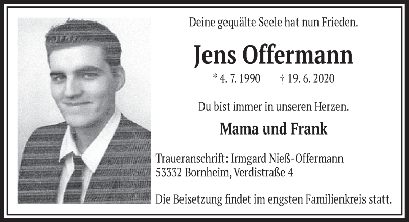  Traueranzeige für Jens Offermann vom 03.07.2020 aus  Schlossbote/Werbekurier 