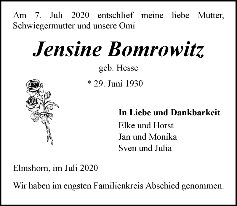  Traueranzeige für Jensine Bomrowitz vom 17.07.2020 aus  Kölner Wochenspiegel 
