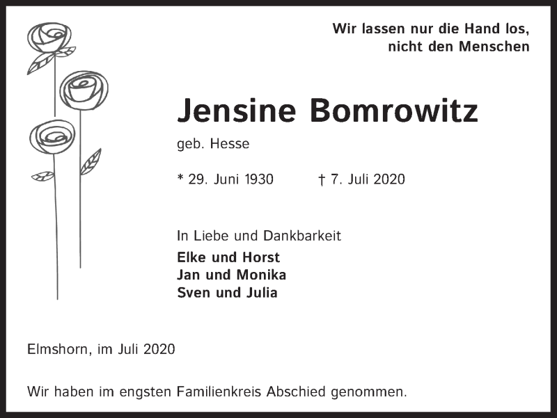  Traueranzeige für Jensine Bomrowitz vom 14.07.2020 aus Kölner Stadt-Anzeiger / Kölnische Rundschau / Express