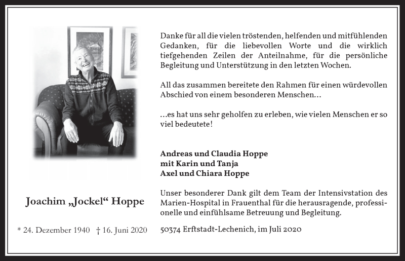  Traueranzeige für Joachim Hoppe vom 31.07.2020 aus  Werbepost 