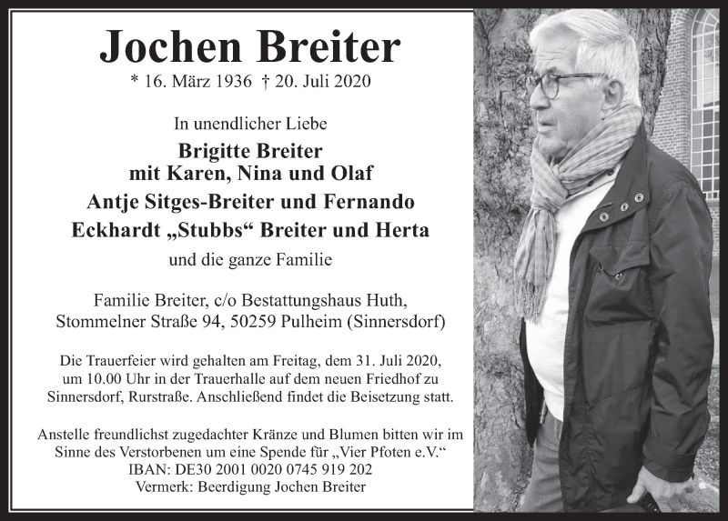  Traueranzeige für Jochen Breiter vom 24.07.2020 aus  Wochenende 