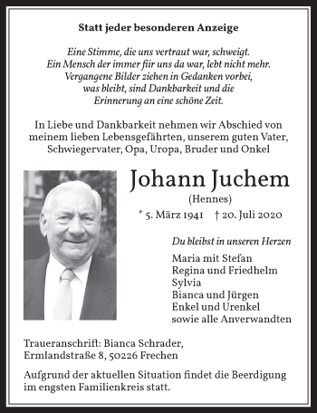 Anzeige von Johann Juchem von  Wochenende 