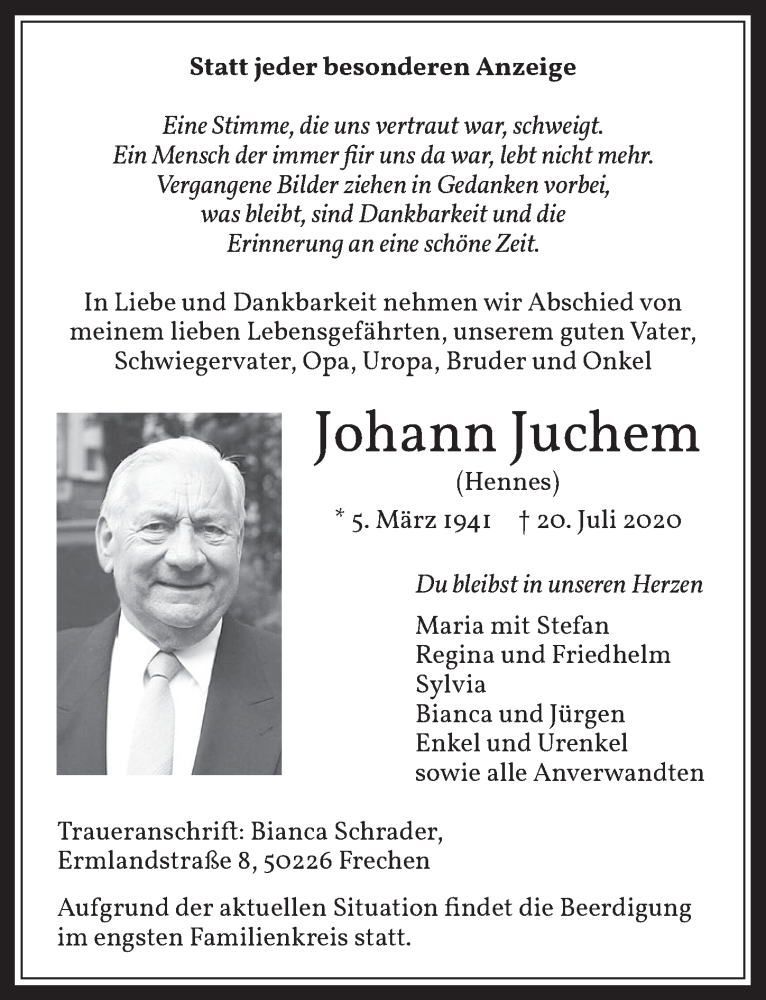  Traueranzeige für Johann Juchem vom 24.07.2020 aus  Wochenende 