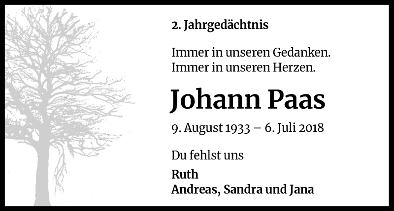  Traueranzeige für Johann Paas vom 04.07.2020 aus Kölner Stadt-Anzeiger / Kölnische Rundschau / Express
