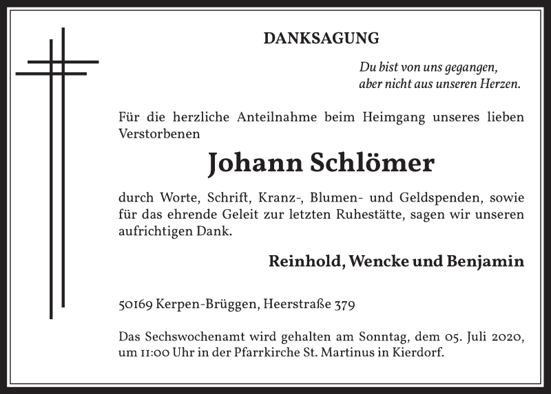  Traueranzeige für Johann Schlömer vom 03.07.2020 aus  Werbepost 