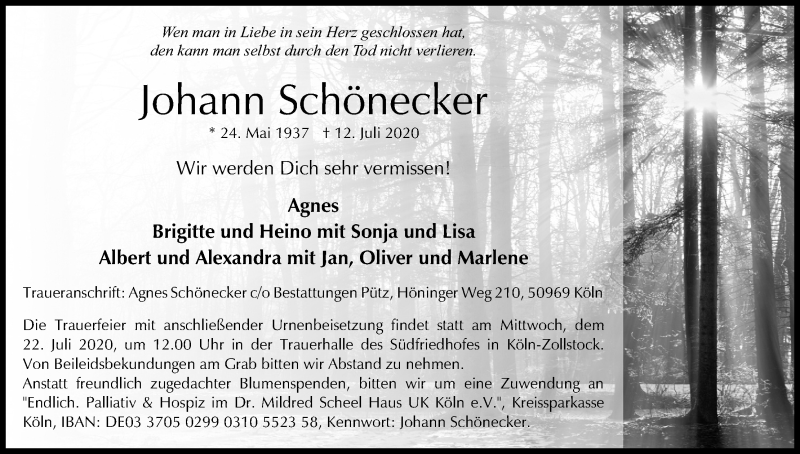  Traueranzeige für Johann Schönecker vom 18.07.2020 aus Kölner Stadt-Anzeiger / Kölnische Rundschau / Express