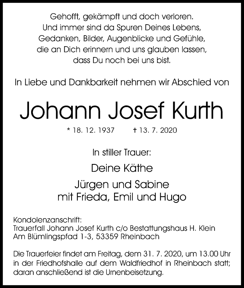  Traueranzeige für Johann Josef Kurth vom 25.07.2020 aus Kölner Stadt-Anzeiger / Kölnische Rundschau / Express