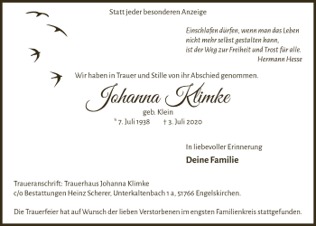 Anzeige von Johanna Klimke von  Anzeigen Echo 