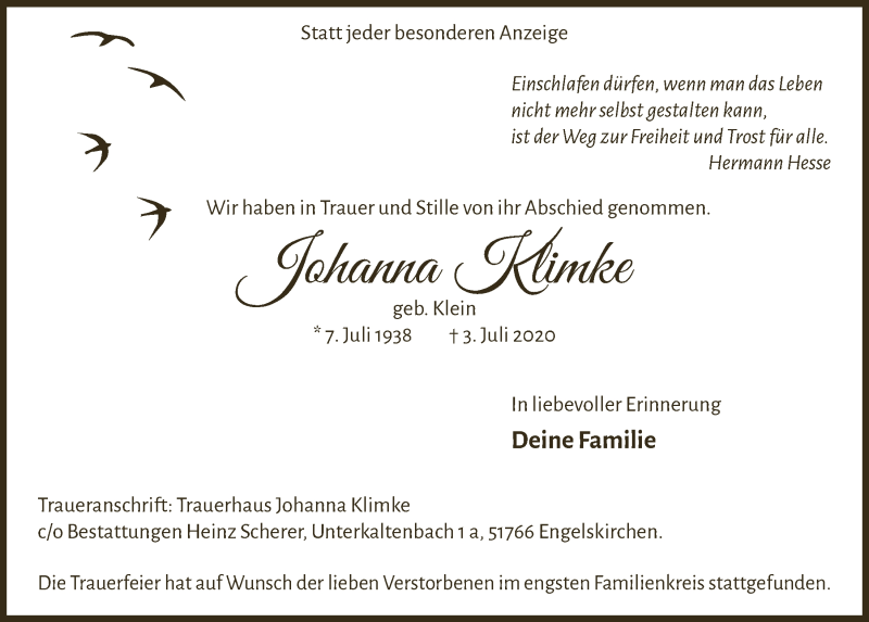 Traueranzeige für Johanna Klimke vom 17.07.2020 aus  Anzeigen Echo 