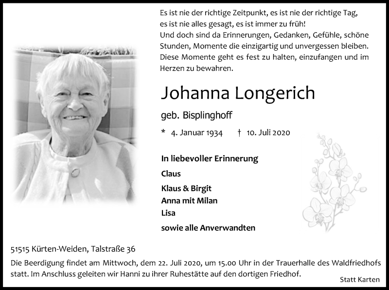  Traueranzeige für Johanna Longerich vom 18.07.2020 aus Kölner Stadt-Anzeiger / Kölnische Rundschau / Express