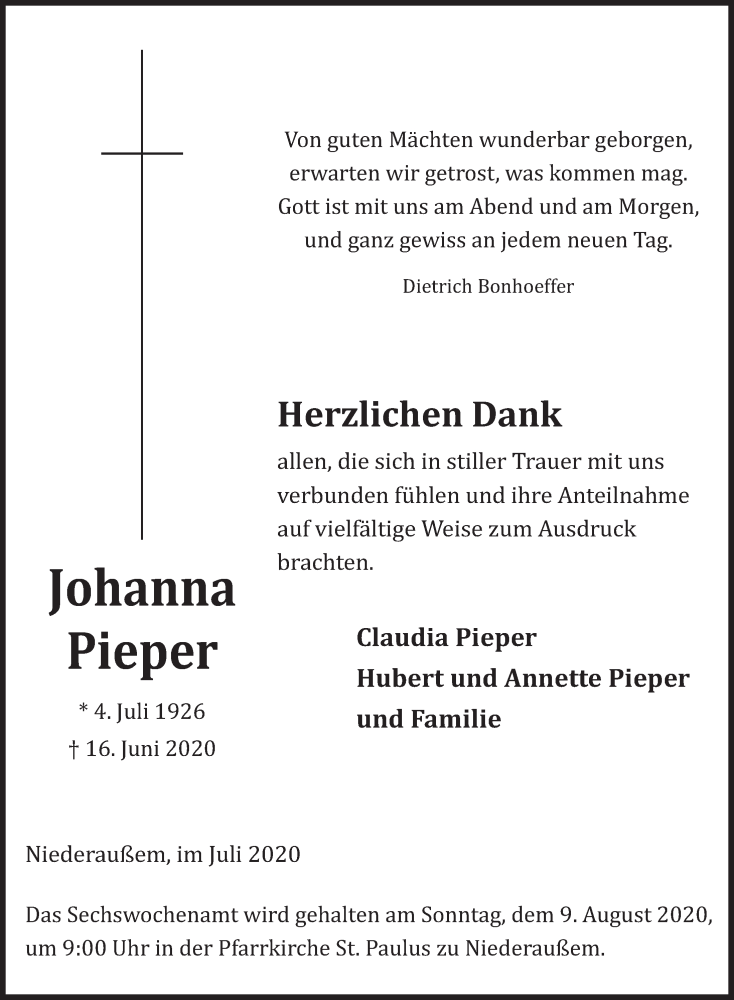  Traueranzeige für Johanna Pieper vom 10.07.2020 aus  Werbepost 