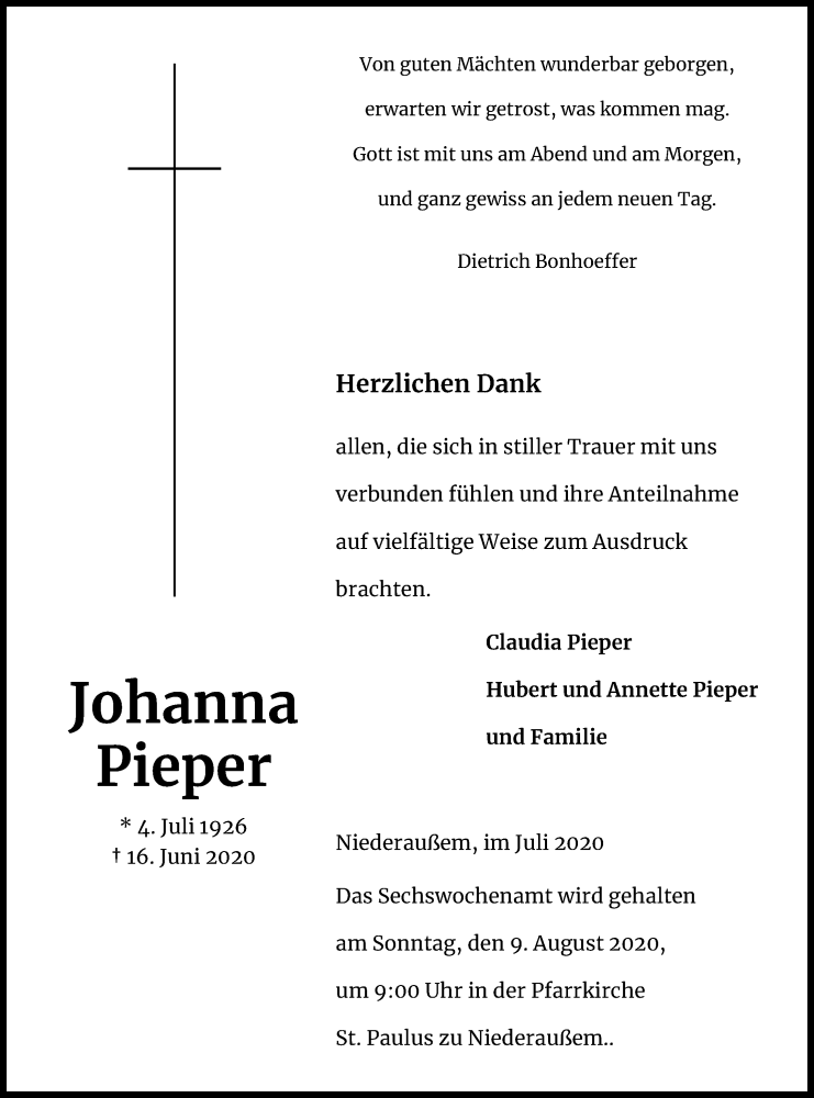  Traueranzeige für Johanna Pieper vom 04.07.2020 aus Kölner Stadt-Anzeiger / Kölnische Rundschau / Express