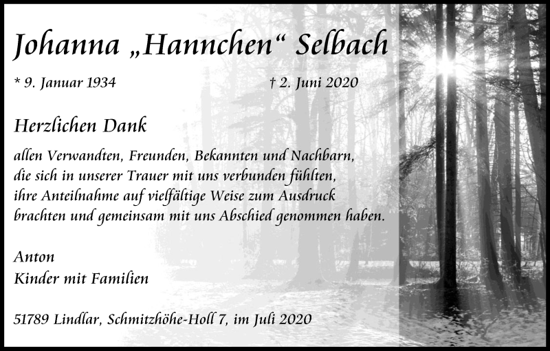  Traueranzeige für Johanna Selbach vom 04.07.2020 aus Kölner Stadt-Anzeiger / Kölnische Rundschau / Express