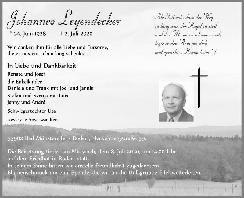  Traueranzeige für Johannes Leyendecker vom 07.07.2020 aus Kölner Stadt-Anzeiger / Kölnische Rundschau / Express