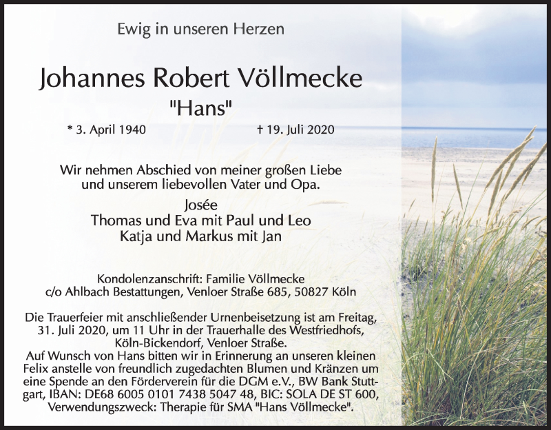  Traueranzeige für Johannes Robert Völlmecke vom 25.07.2020 aus Kölner Stadt-Anzeiger / Kölnische Rundschau / Express