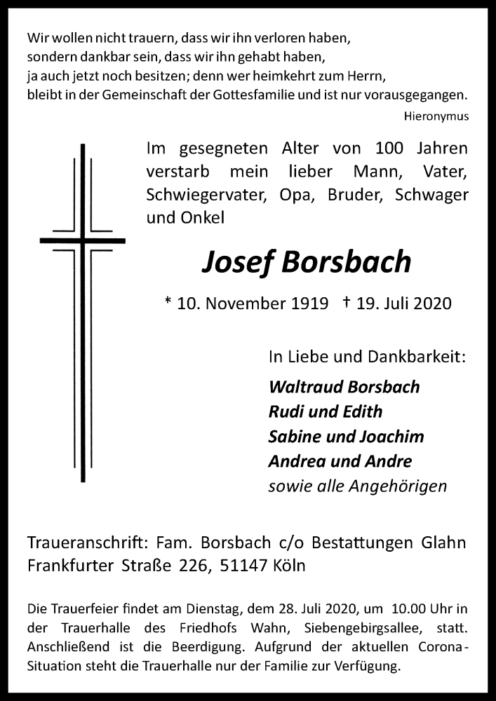  Traueranzeige für Josef Borsbach vom 24.07.2020 aus  Kölner Wochenspiegel 