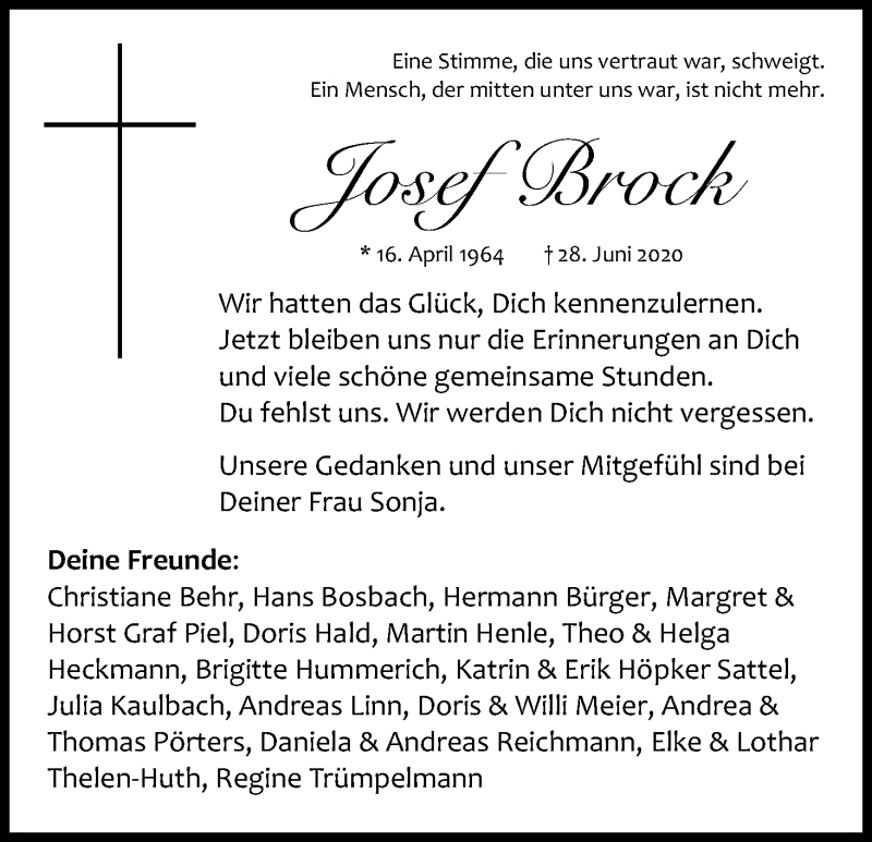  Traueranzeige für Josef Brock vom 11.07.2020 aus Kölner Stadt-Anzeiger / Kölnische Rundschau / Express